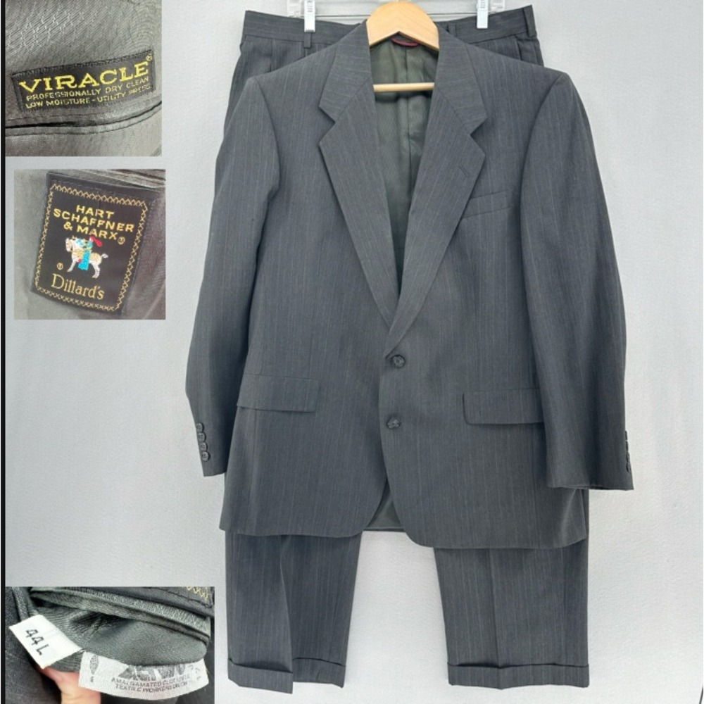 VTG Hart Schaffner Marx Gray Wool Pinstripe Suit Jacket Pants Set 44L 36x31 90s
